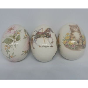 The Egg Lady Painted Eggs in  Westmoreland Dogwood Flower Glass Basket Bowl Lot